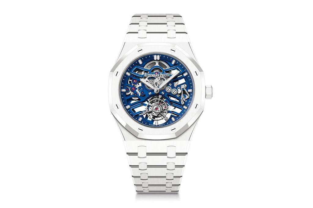 Audemars Piguet's Exclusive Openworked Royal Oak Flying Tourbillon for Only Watch 2023: White Ceramic Case and Blue Skeletonized Movement