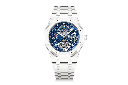 Audemars Piguet's Exclusive Openworked Royal Oak Flying Tourbillon for Only Watch 2023: White Ceramic Case and Blue Skeletonized Movement